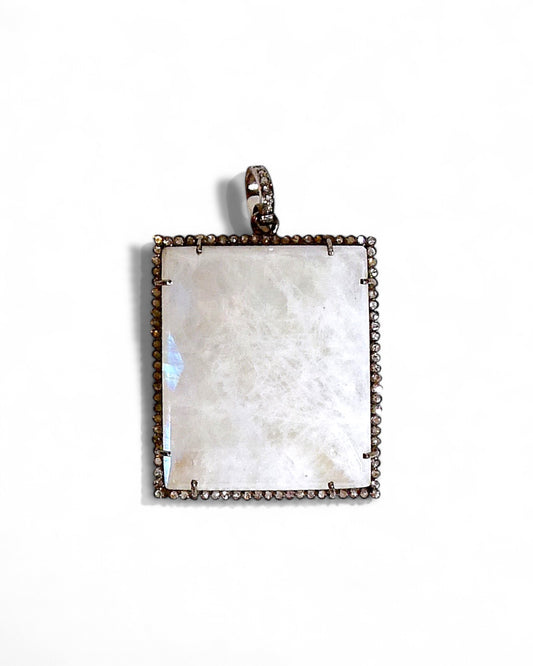 Square Rainbow Moonstone Pendant with Pavé Black Diamonds