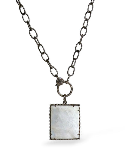 Square Rainbow Moonstone Pendant with Pavé Black Diamonds