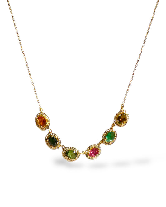 Gemstone 14K Chain Necklace with Pavé Diamonds