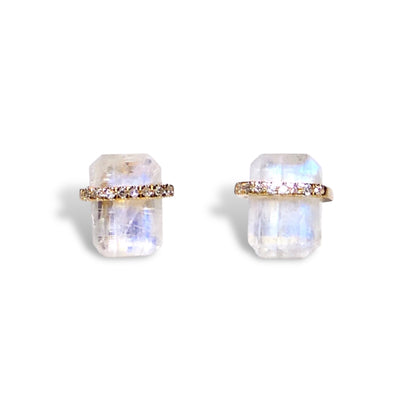14k Gold Square Gemstone Studs with Diamond Pave Band