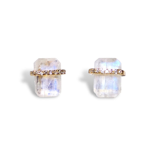 14k Gold Square Gemstone Studs with Diamond Pave Band