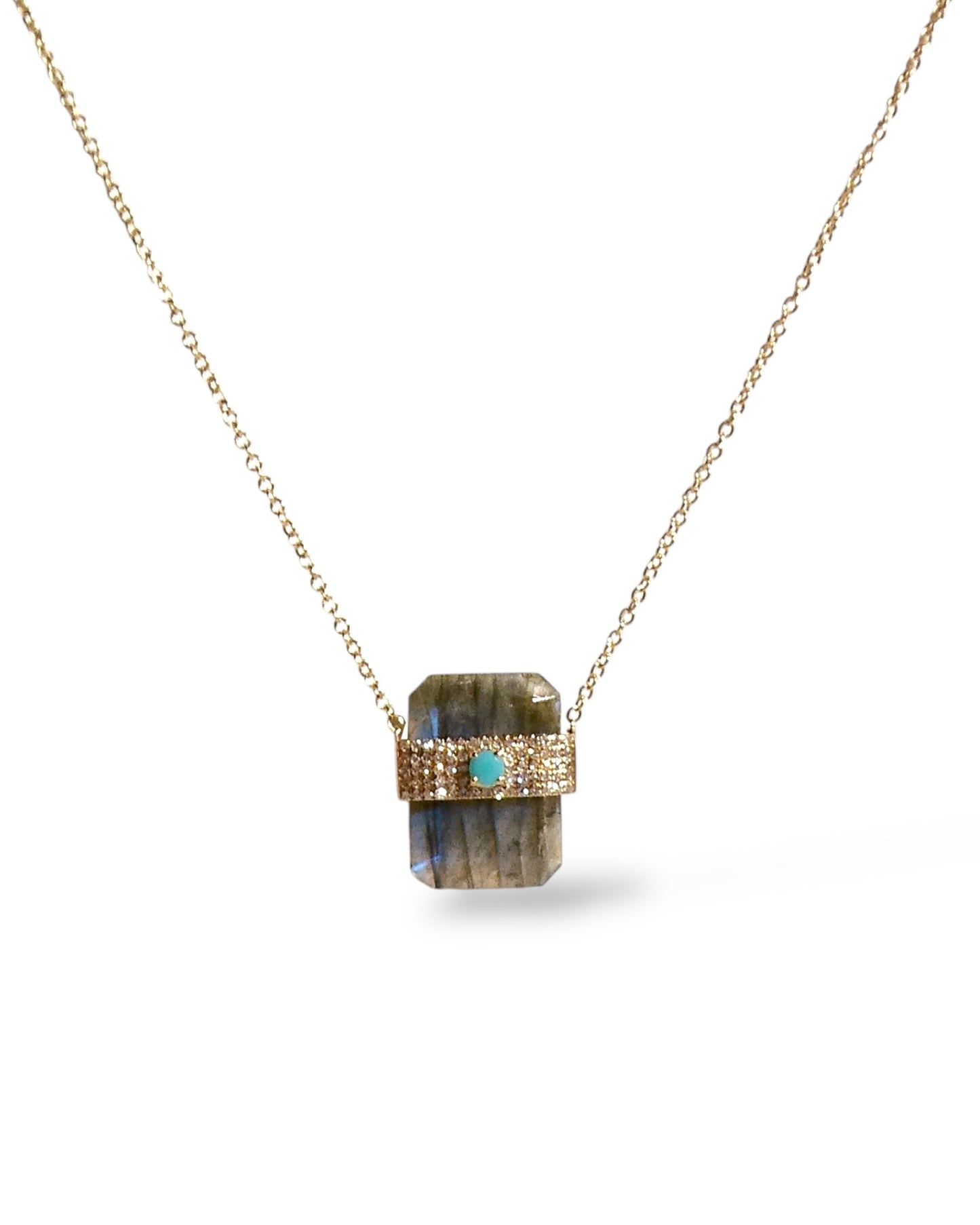 Labradorite and Pavé Diamond with Turquoise 14k Chain Necklace