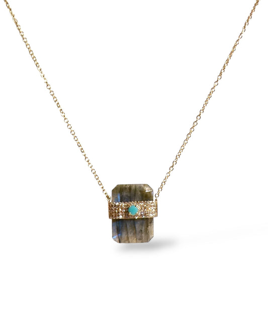 Labradorite and Pavé Diamond with Turquoise 14k Chain Necklace