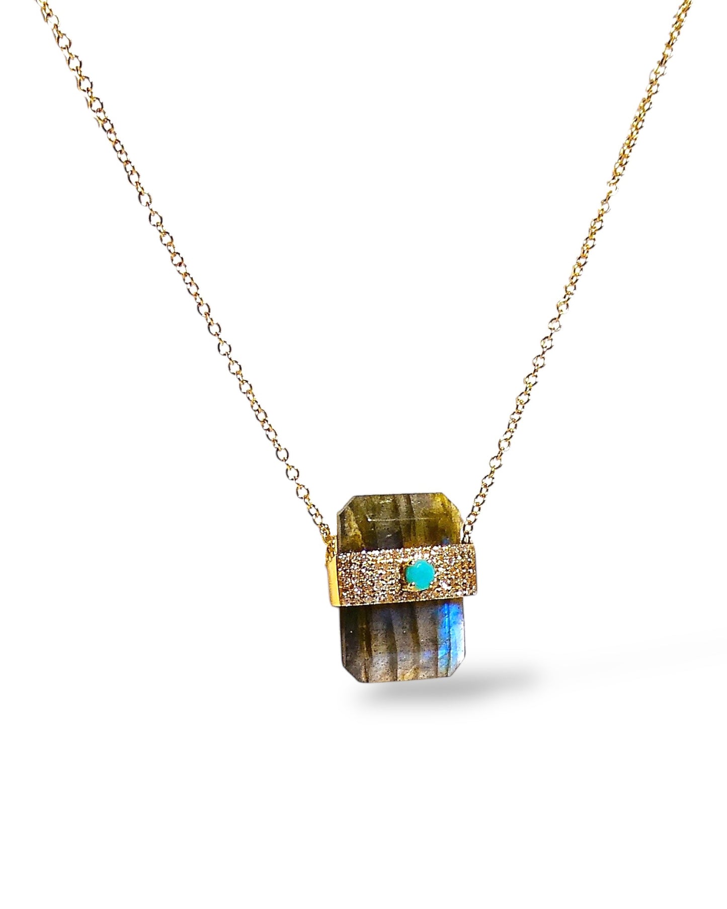 Labradorite and Pavé Diamond with Turquoise 14k Chain Necklace