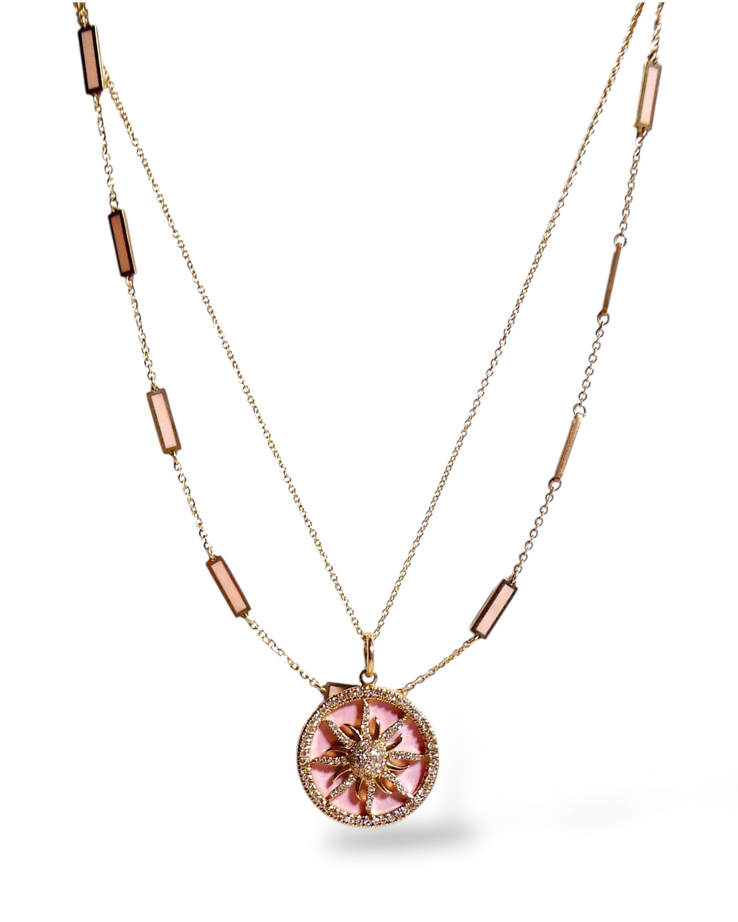 Diamond Sunburst Pendent in 14k Gold and Pink Enamel