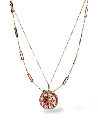 Diamond Sunburst Pendent in 14k Gold and Pink Enamel