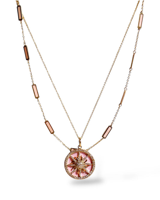 Diamond Sunburst Pendent in 14k Gold and Pink Enamel