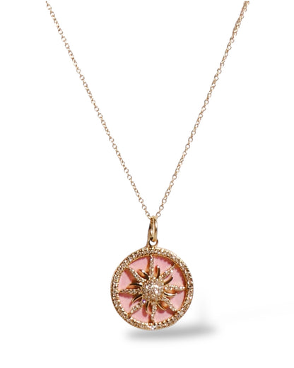 Diamond Sunburst Pendent in 14k Gold and Pink Enamel