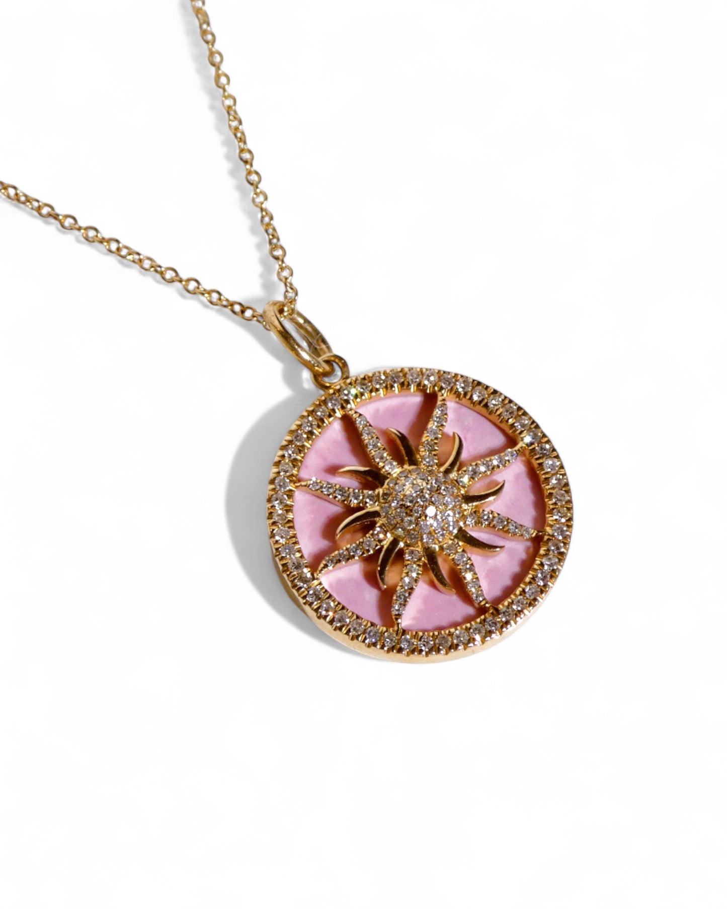 Diamond Sunburst Pendent in 14k Gold and Pink Enamel
