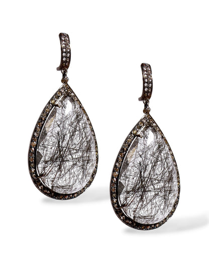 Rutilated Quartz and Black Diamond Teardrop Earrings