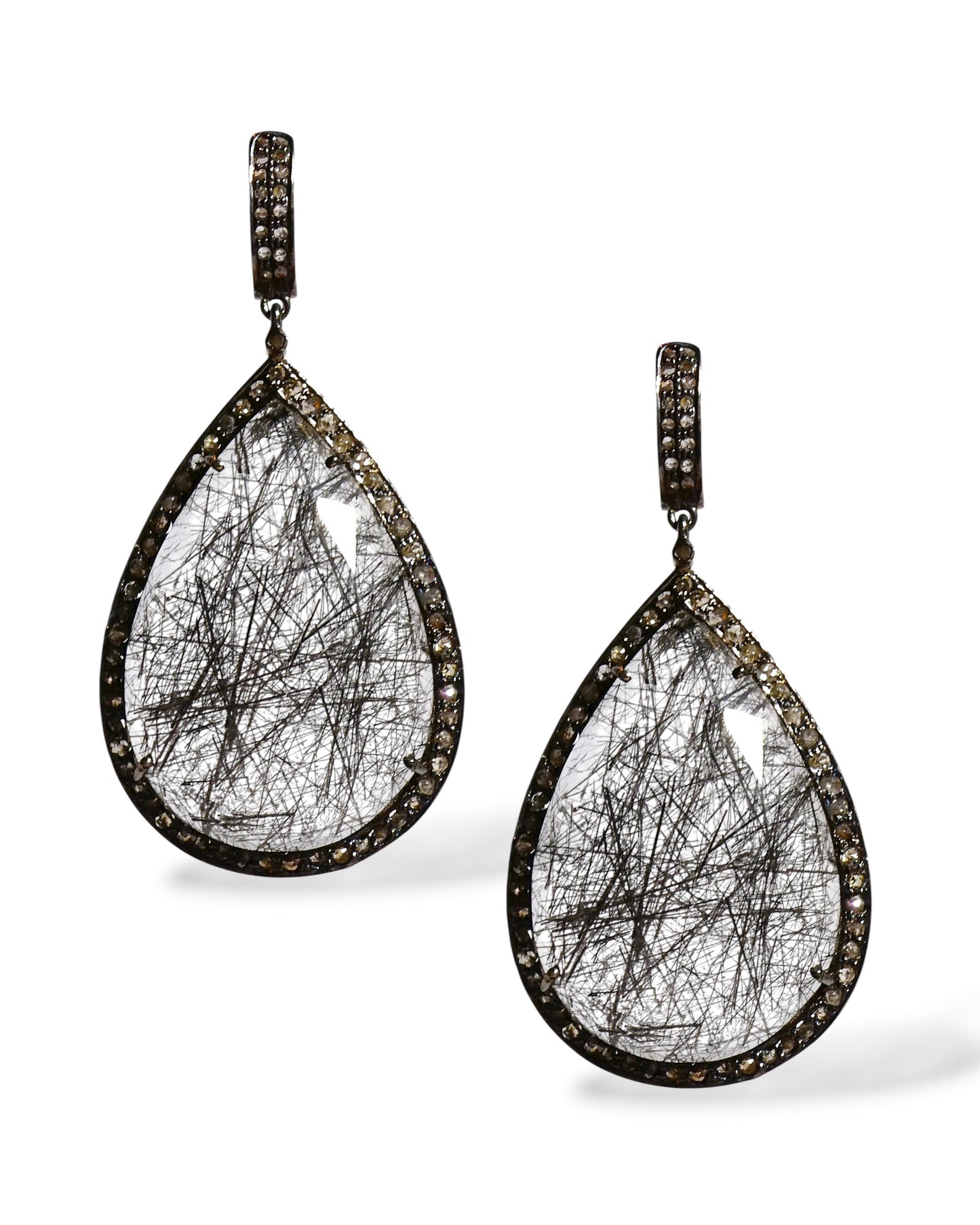 Rutilated Quartz and Black Diamond Teardrop Earrings