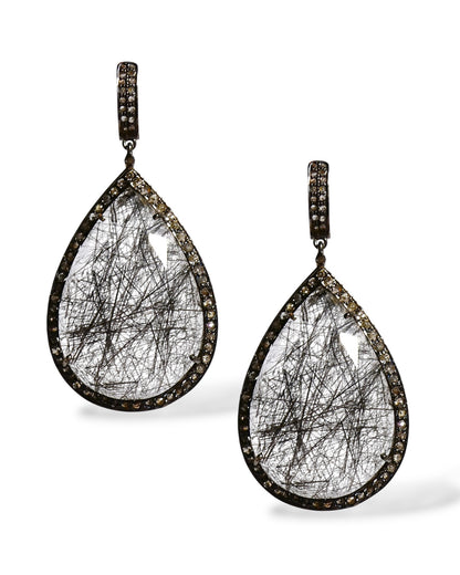 Rutilated Quartz and Black Diamond Teardrop Earrings
