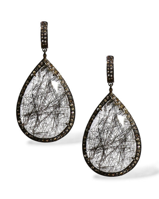 Rutilated Quartz and Black Diamond Teardrop Earrings