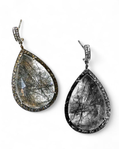 Rutilated Quartz and Black Diamond Teardrop Earrings