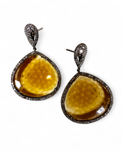 Yellow Sapphire and Black Diamond Teardrop Earrings