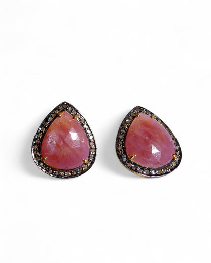 Pink Sapphire Teardrop Stud Earrings with Black Diamonds