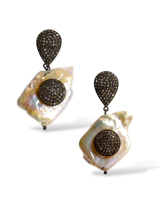 Baroque Pearl and Black Diamond Dangle Earrings
