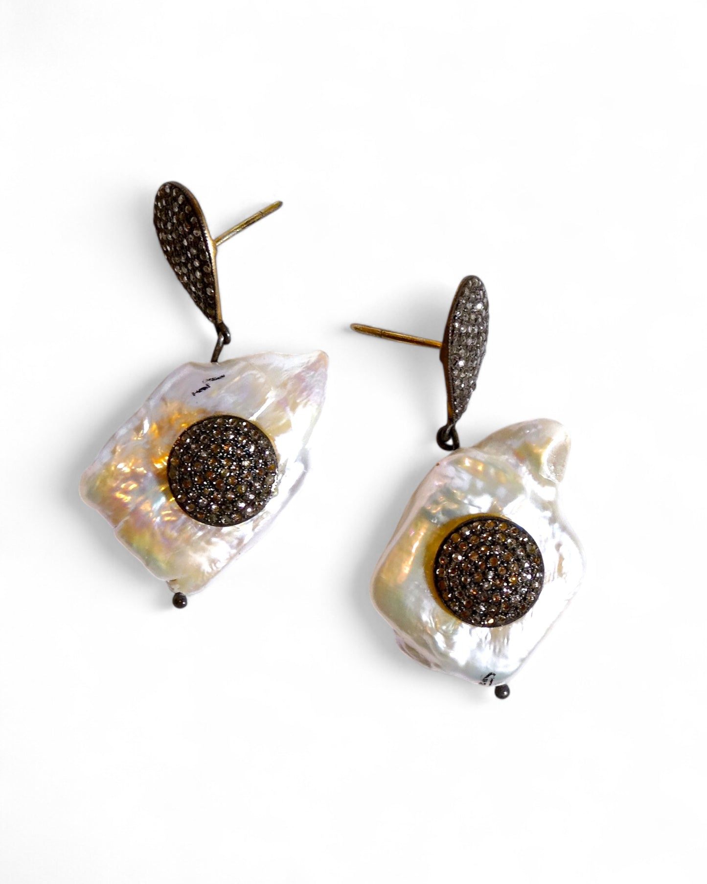 Baroque Pearl and Black Diamond Dangle Earrings