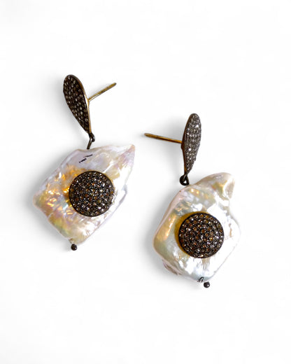 Baroque Pearl and Black Diamond Dangle Earrings