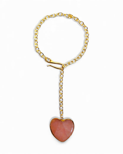 Rose Quartz Heart Gold Chain Lariat Necklace