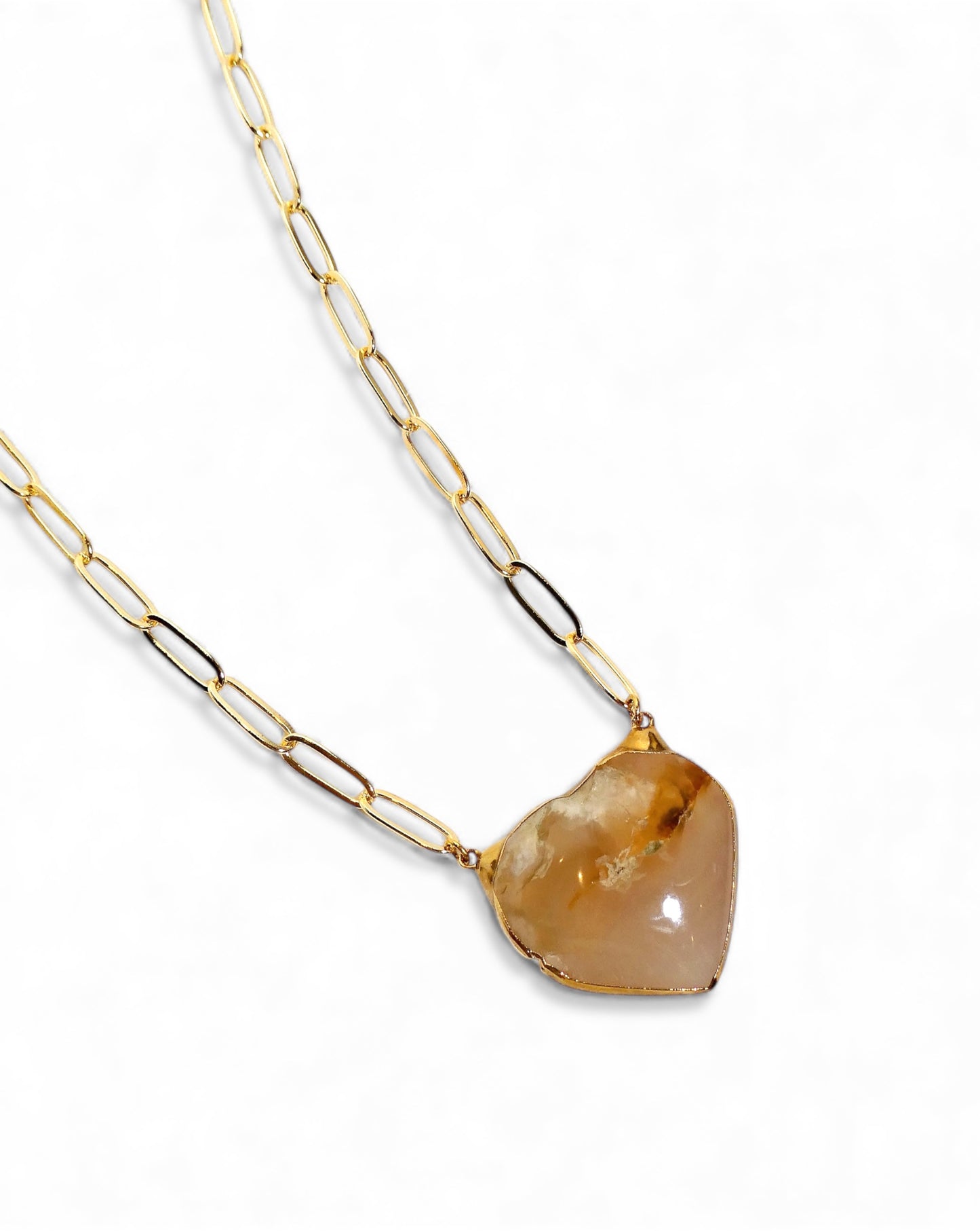Flower Agate Puffy Heart Chain Necklace