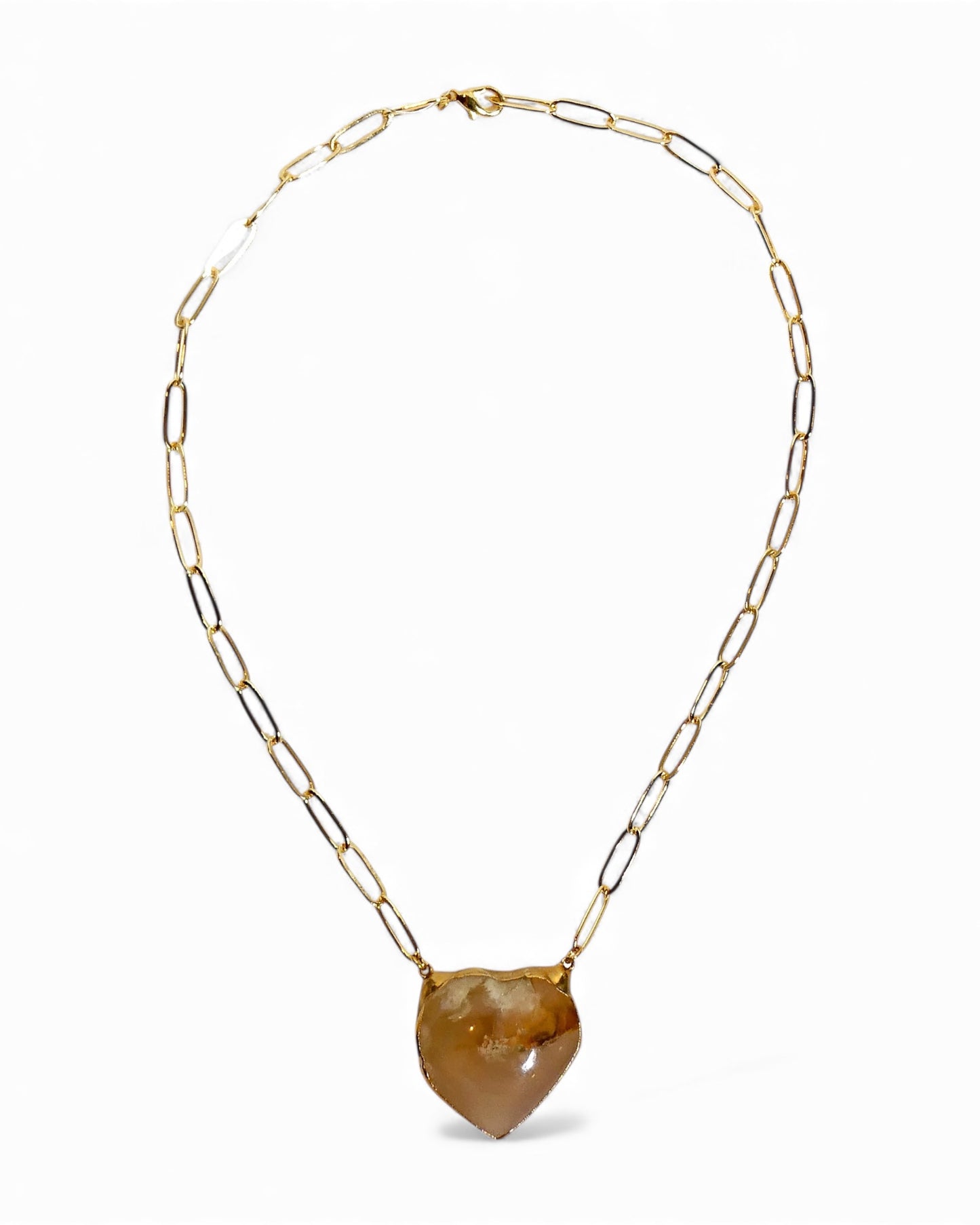Flower Agate Puffy Heart Chain Necklace