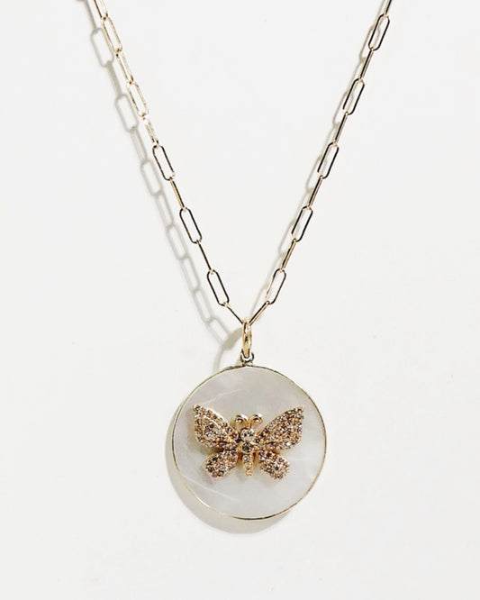 14K Gold Diamond pave Butterfly on Mother of Pearl Paperclip Necklace