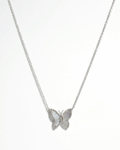14k White Gold Mother of Pearl & Diamond Butterfly Necklace