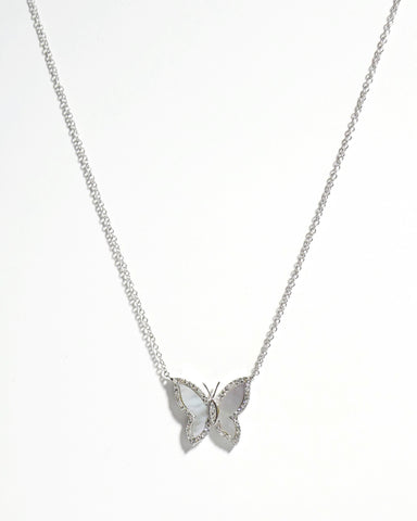 14k White Gold Mother of Pearl & Diamond Butterfly Necklace