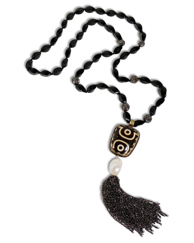 Long Black Gemstone Beaded Tassel Necklace with Square Tribal Centerpiece