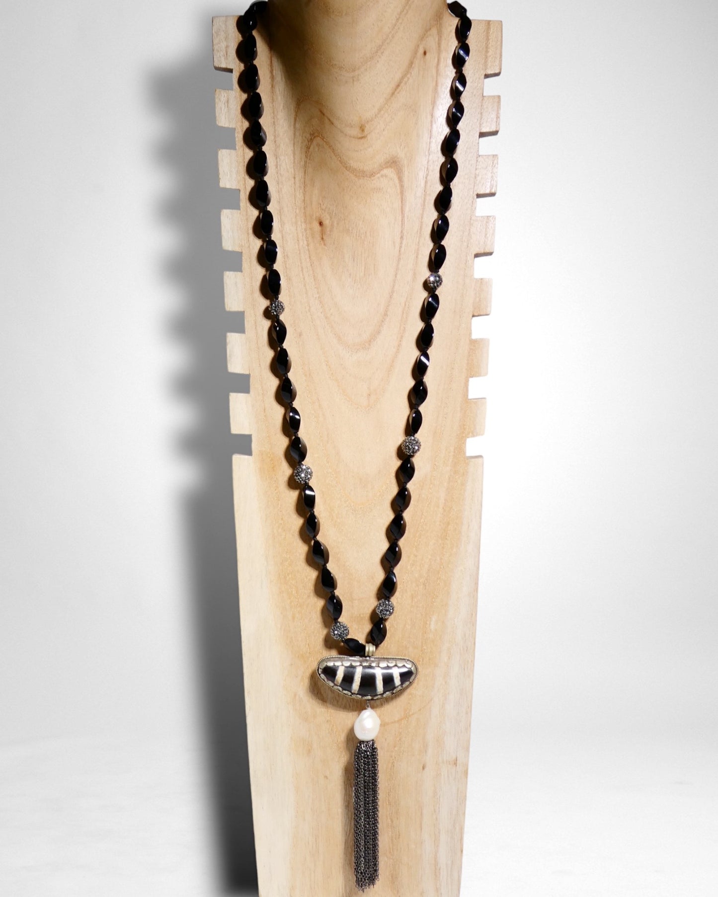Long Black Gemstone Beaded Tassel Necklace with Crescent Tribal Centerpiece
