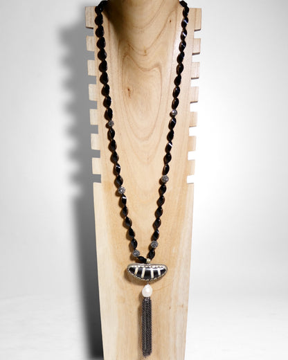 Long Black Gemstone Beaded Tassel Necklace with Crescent Tribal Centerpiece