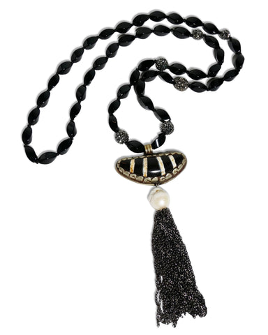 Long Black Gemstone Beaded Tassel Necklace with Crescent Tribal Centerpiece