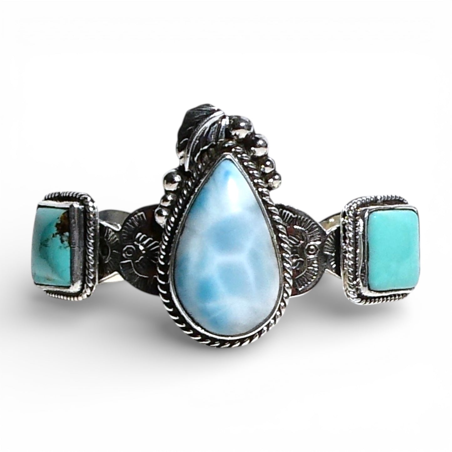 Larimar Teardrop & Turquoise Etched Cuff Bracelet