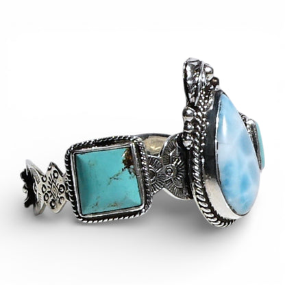 Larimar Teardrop & Turquoise Etched Cuff Bracelet