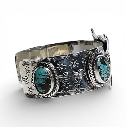 Sterling Silver Steer Cuff Bracelet with Turquoise Stones