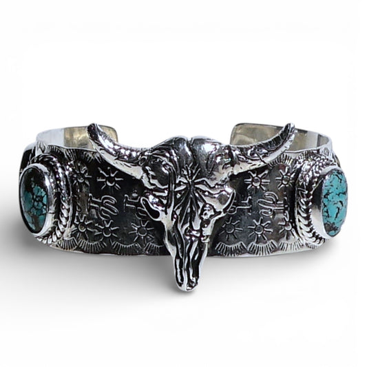 Sterling Silver Steer Cuff Bracelet with Turquoise Stones
