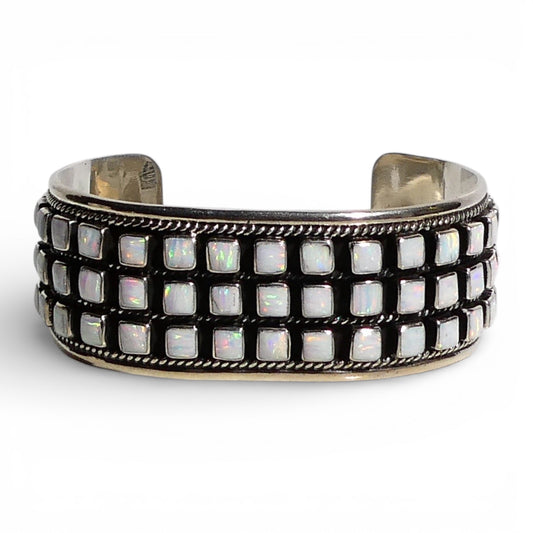 Triple Row White Fire Opal Cuff Bracelet
