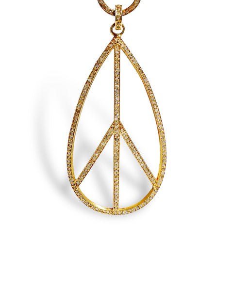 Large Pave Diamond Teardrop Peace Sign Pendant