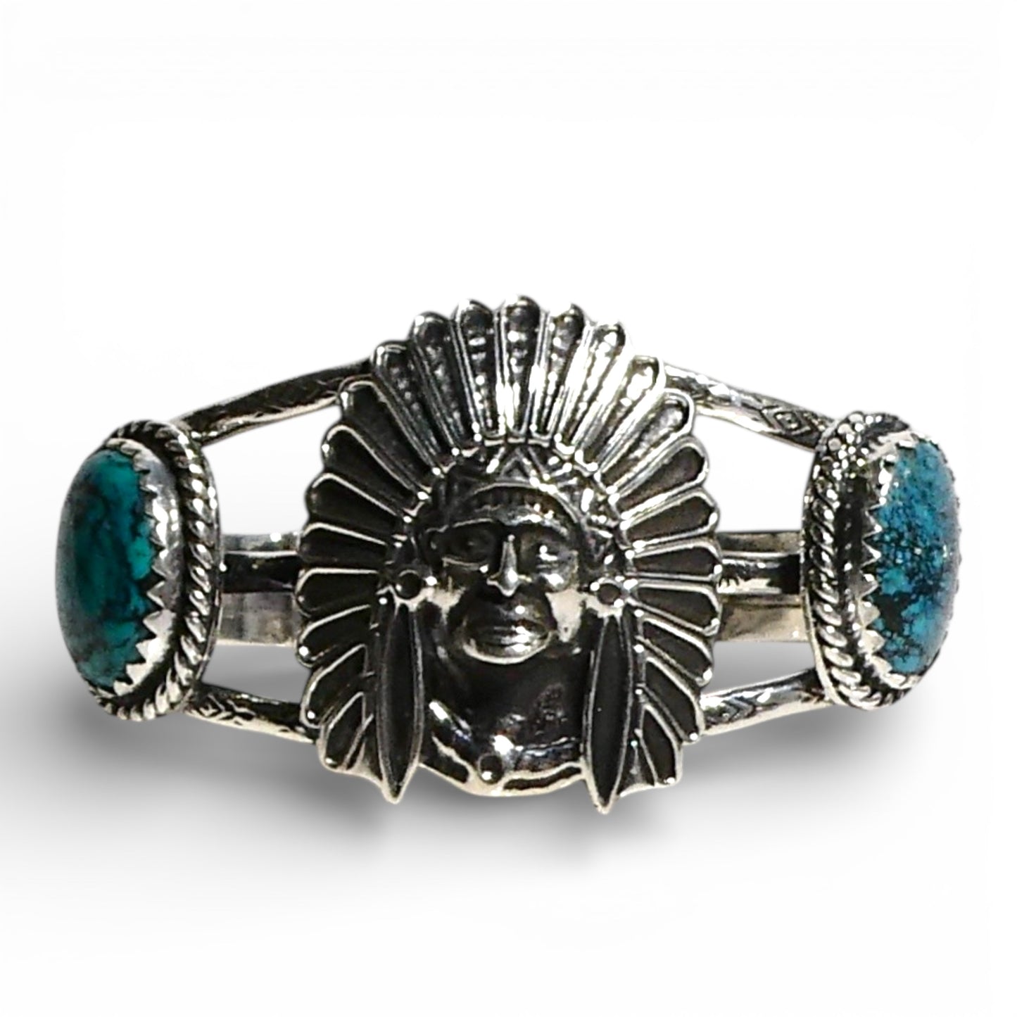 Turquoise & Sterling Silver Chief Head Cuff Bracelet