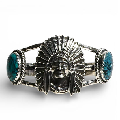 Turquoise & Sterling Silver Chief Head Cuff Bracelet
