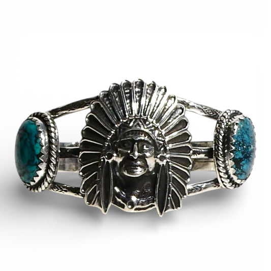 Turquoise & Sterling Silver Chief Head Cuff Bracelet
