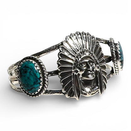 Turquoise & Sterling Silver Chief Head Cuff Bracelet