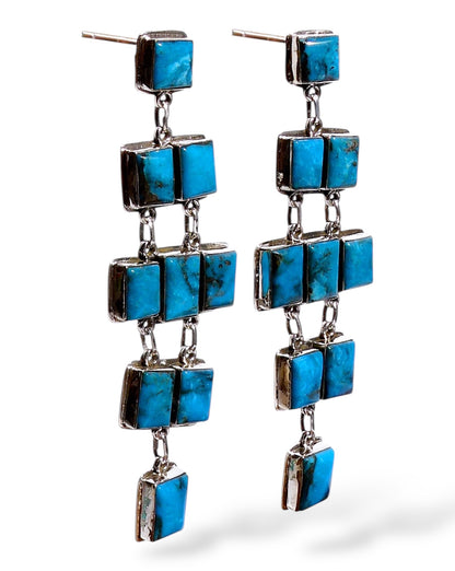 Long Kingman Turquoise Tiered Drop Earrings