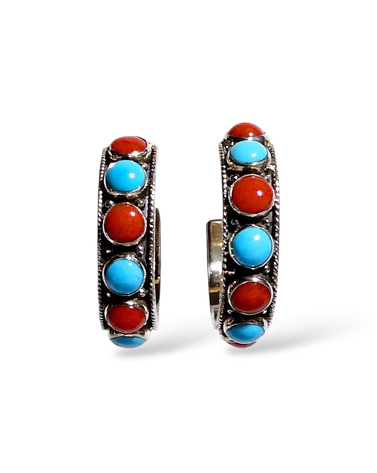 Turquoise and Red Coral Sterling Silver Hoop Earrings