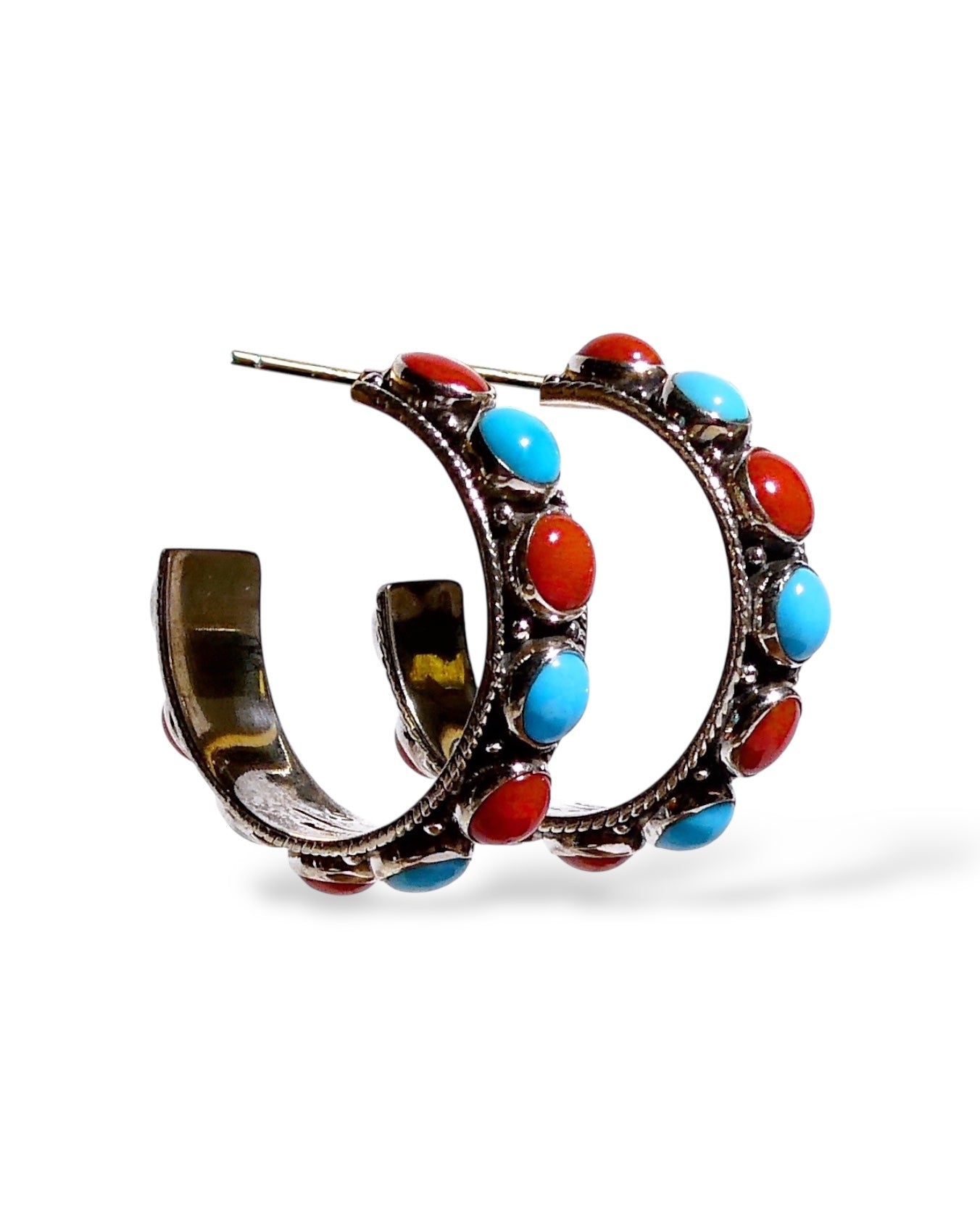 Turquoise and Red Coral Sterling Silver Hoop Earrings