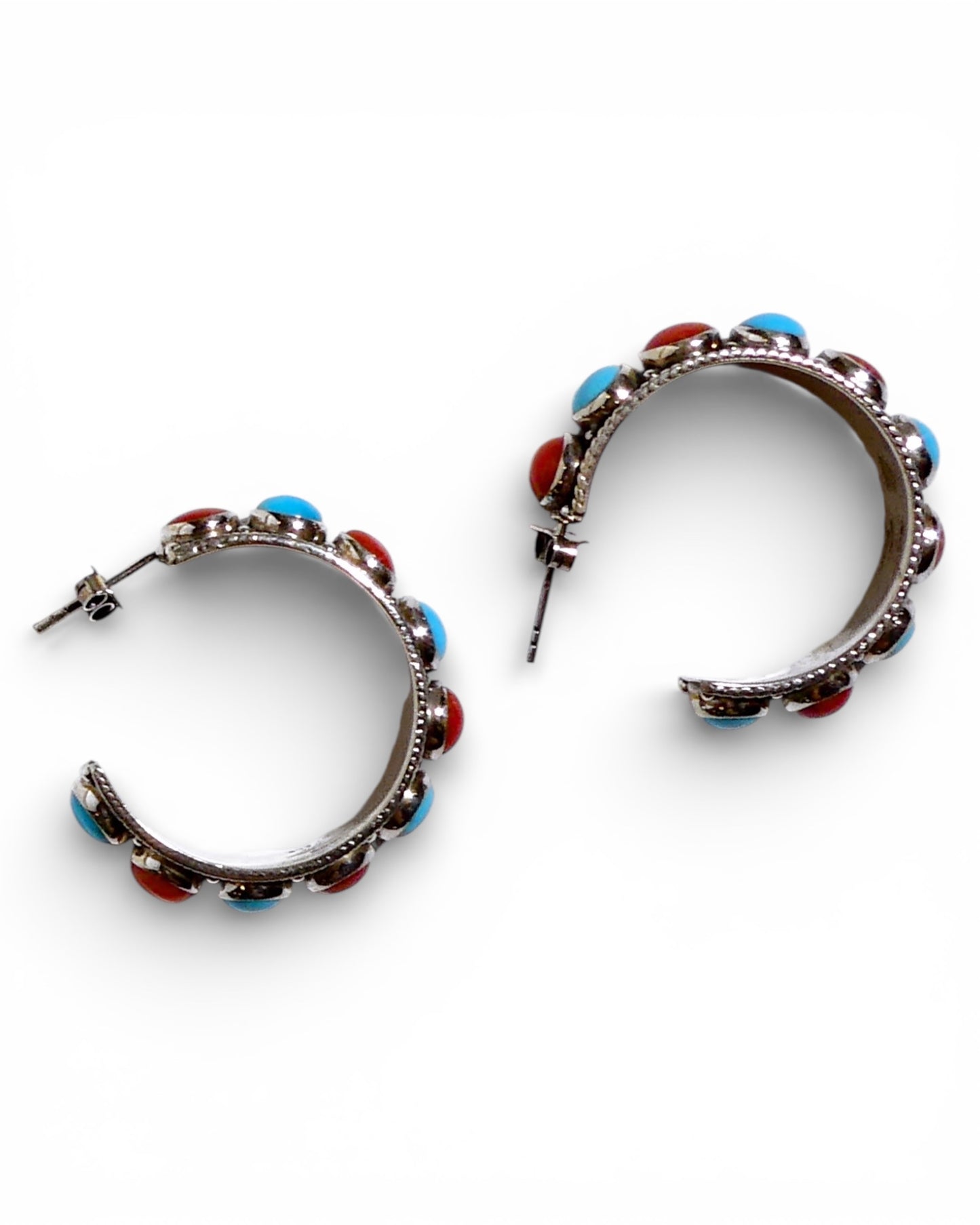 Turquoise and Red Coral Sterling Silver Hoop Earrings