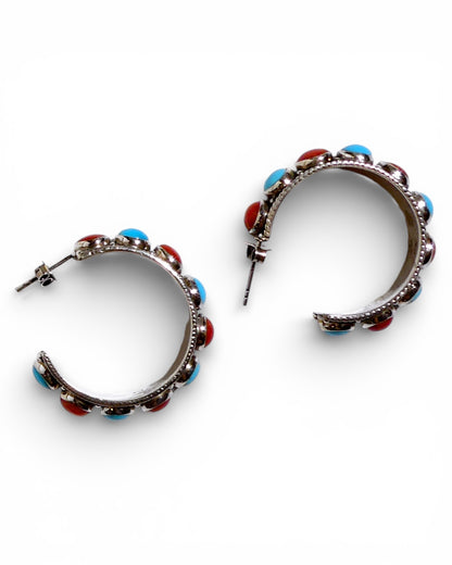 Turquoise and Red Coral Sterling Silver Hoop Earrings