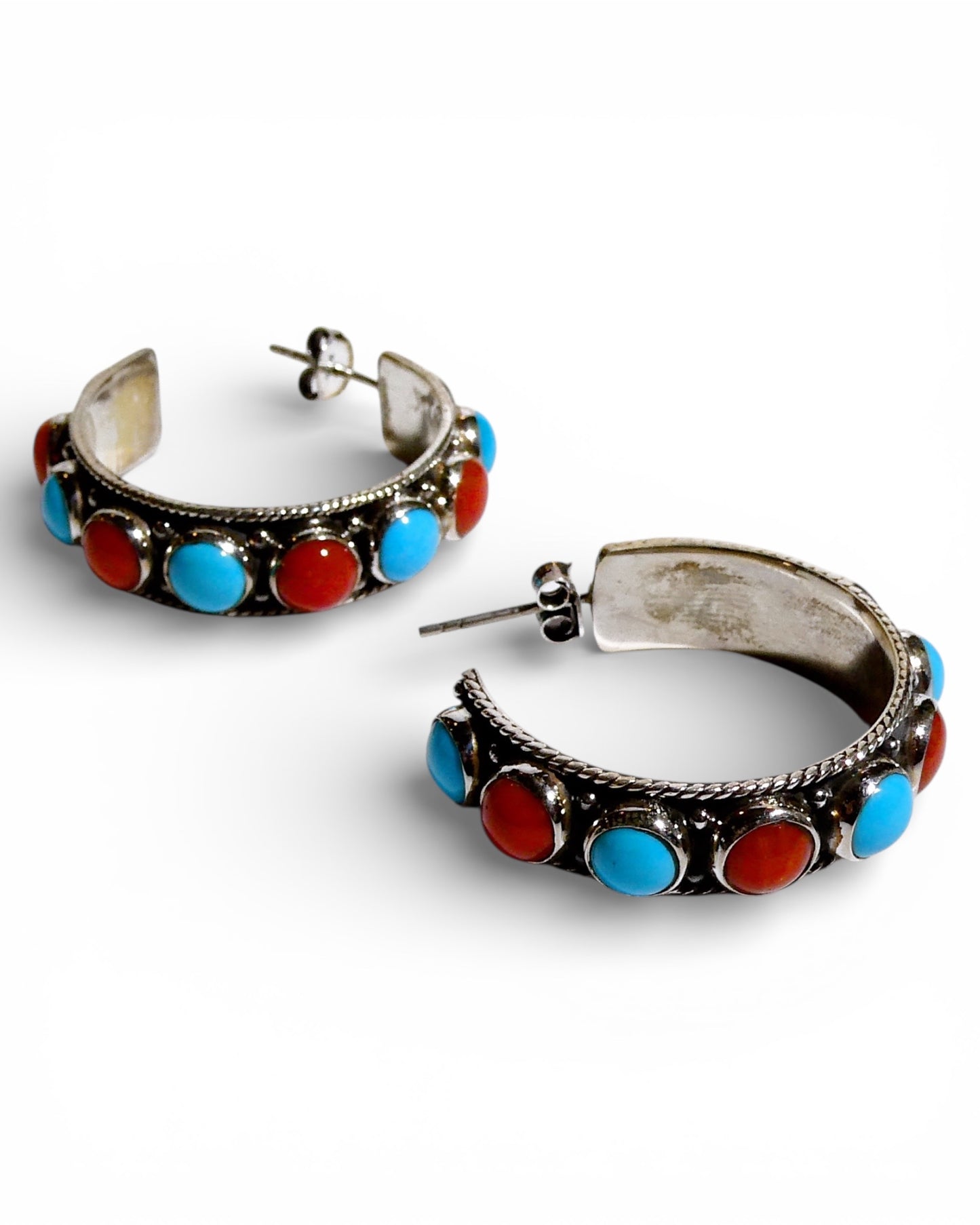 Turquoise and Red Coral Sterling Silver Hoop Earrings