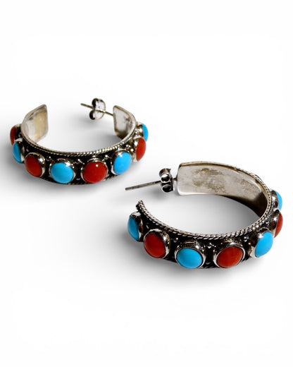 Turquoise and Red Coral Sterling Silver Hoop Earrings